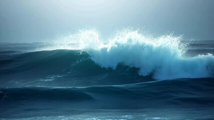 Captivating waves rolling across a tranquil ocean under a soft, misty sky at dawn