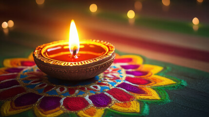 Traditional oil lamp with colorful rangoli design on diwali festival