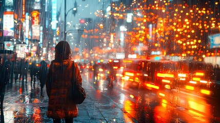 Side view of people walking along a bustling city street at night, with bright lights reflecting off the pavement. The 3D rendering captures the fast pace of urban life