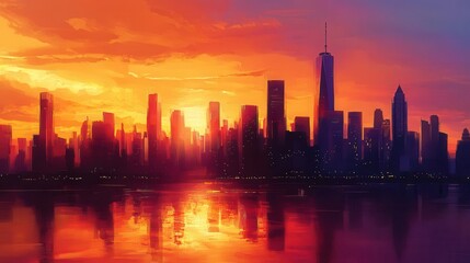 Fototapeta premium breathtaking cityscape silhouette bathed in golden hour light skyscrapers reflect warm hues as sun dips below horizon painting sky in vibrant oranges and purples