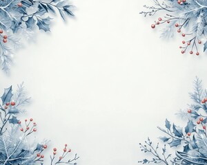 A white background with a frosty winter border of blue leaves and red berries, perfect for holiday or winter themed designs.