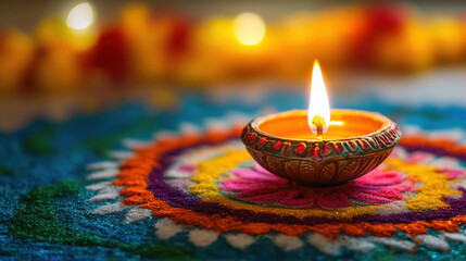 Traditional oil lamp with colorful rangoli design on diwali festival