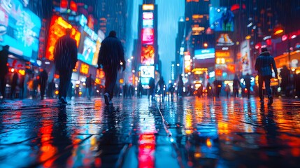 Obraz premium Side view of pedestrians walking along a crowded city street at night, with bright lights reflecting off the wet pavement. The 3D rendering captures the fast-paced movement of the night