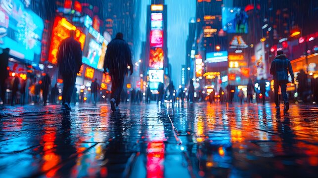Side view of pedestrians walking along a crowded city street at night, with bright lights reflecting off the wet pavement. The 3D rendering captures the fast-paced movement of the night