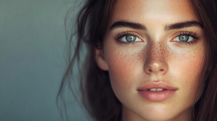 Obraz premium captivating closeup portrait of brunette woman with flawless skin and intense gaze dramatic lighting accentuating features against gray backdrop