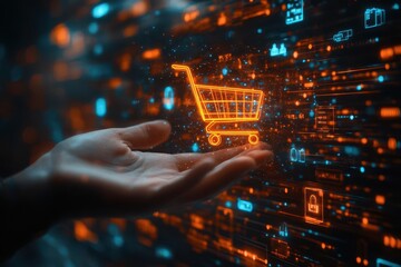 futuristic ecommerce concept featuring a holographic shopping cart floating above a persons hand surrounded by digital product icons and data streams in a glowing cyber environment