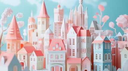 Fototapeta premium cardboard box transforming into fantastical popup cityscape intricate paper architecture unfolding soft pastel color palette