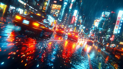 Fototapeta premium Nighttime city street with blurred lights from cars speeding past. The 3D photography creates a dynamic and energetic cityscape full of motion