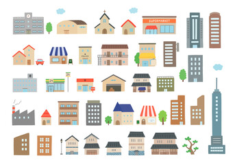 いろんな建物の手描きイラストセット（カラー/主線なし）