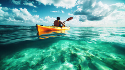 Fototapeta premium A person kayaking in clear beautiful tropical sea water