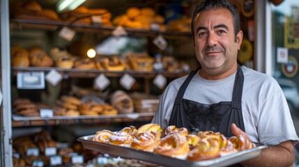Obraz premium Proud Local Bakery Owner Presenting Fresh Pastries in Front of Storefront