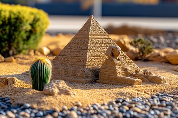 A tiny Egyptian Pyramid and Sphinx sit majestically in a Miniature Park desert scene