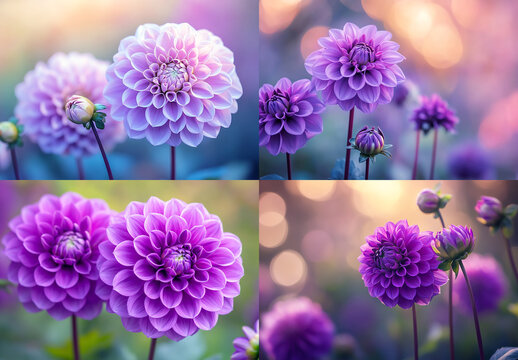 A close-up of vibrant purple dahlia flowers in full bloom, with blurred greenery and other colorful blooms in the background