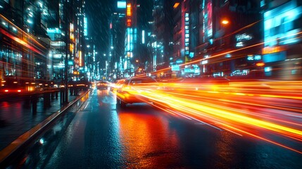 Obraz premium Bright car lights cutting through a busy night street, leaving colorful trails in the timelapse. The 3D photography brings out the vibrant energy of the city