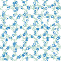 A floral pattern featuring blue roses and green leaves on a white background.