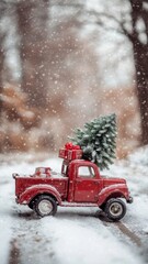 Vintage toy car hauling Christmas tree and gifts, snowy park setting, festive and joyful, commercial photography 