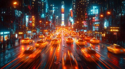 Fototapeta premium Vibrant streaks of light from car headlights illuminate a busy city street at night. The 3D photography captures the speed and excitement of the urban environment