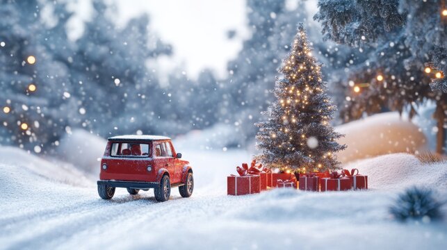 Toy car carrying Christmas tree and gifts in snowy winter park, festive scene, soft lighting, realistic details, commercial composition 