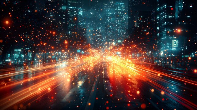 Long exposure of a city street at night, with glowing trails of car lights speeding past. The 3D photography brings out the fast-paced energy of the scene