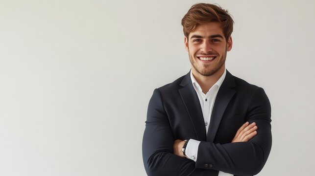 charismatic young businessman with a confident smile and crossed arms wearing a tailored suit against a crisp white background exuding professionalism and approachability