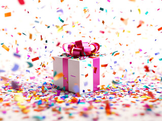 Beautifully wrapped gift box surrounded by colorful confetti, perfect for celebrations and festive occasions.