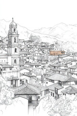 Cusco, Peru, black and white pen pencil hand-drawn effect portrait drawing illustration for travel poster, card, wallpaper, backdrop or banner. Modern, clear, artistic and simple
