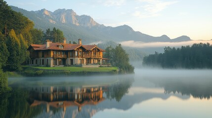 Naklejka premium A serene lakeside mansion surrounded by mountains and mist at dawn.