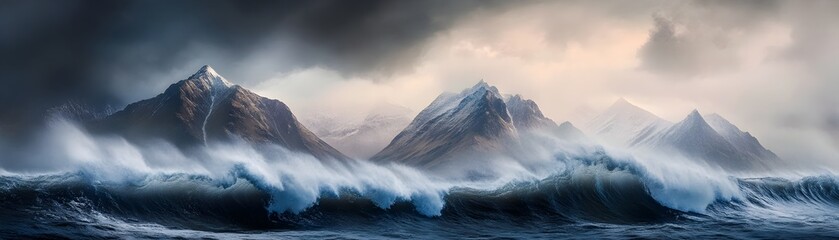 Fototapeta premium Crashing Hurricane Waves Collide with Majestic Mountain Range in Surreal Coastal Landscape