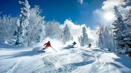 Joyful friends skiing down a powdery mountain under a bright blue sky and fluffy white clouds