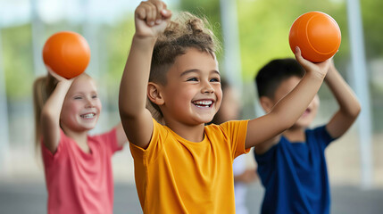 Energetic primary school children participating in a physical education class outdoors, teamwork and active learning, Outdoor learning, Physical education