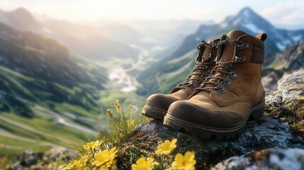 closeup of wellworn hiking boots perched on craggy mountain ledge misty valleys stretch far below sunlight glints off metal lace hooks vibrant lichen and alpine flowers in foreground