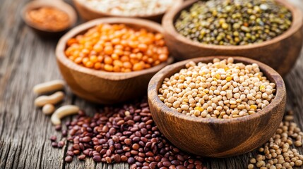 Obraz premium A collection of various colorful legumes in wooden bowls on a rustic surface, showcasing healthy and nutritious ingredients.