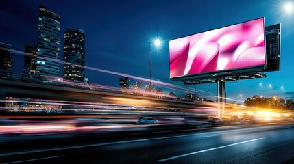 Vibrant urban scene showcasing a digital billboard at night with traffic movement.