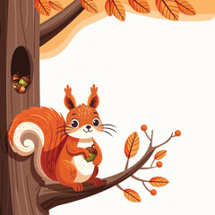 Cute squirrel with an acorn on an autumn tree branch on white background. Template for cards, posters, banners, prints and holiday designs. Vector illustration in cartoon flat style. © Marta Vitek