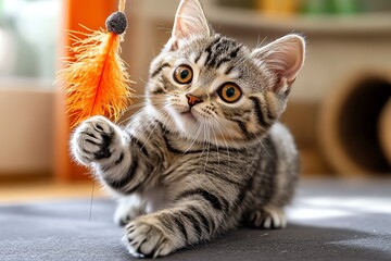 Naklejka premium An American Shorthair playing with a feather toy, its strong body and agile movements on full display