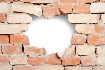 A weathered brick wall with a large hole revealing a blank white or transparent PNG space