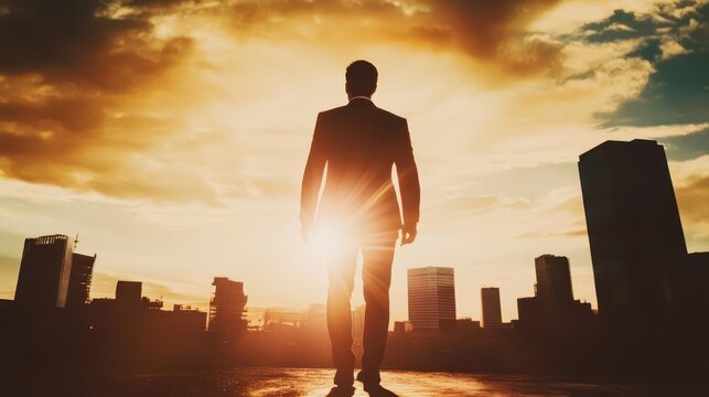 confident businessman silhouette dramatic backlighting urban skyline backdrop power pose modern suit success aura