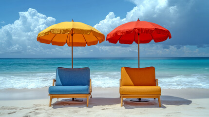 Two beach chairs under yellow and red umbrellas in front of a clear, blue ocean and a partly cloudy sky