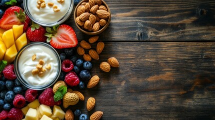 Fresh fruits, yogurt, and nuts arranged beautifully on a rustic wooden surface, perfect for healthy eating inspiration.