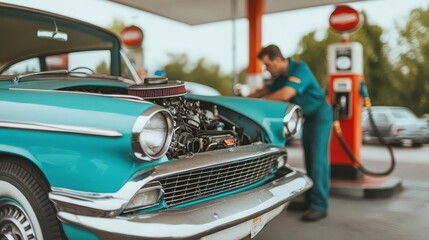 A vintage car being jumpstarted at an old fashioned service station, with a mechanic leaning over the engine and a classic gas pump in the background