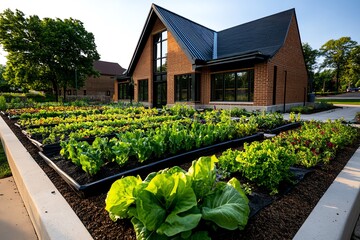 An urban farm promoting sustainable practices like rainwater collection and organic gardening