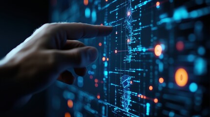 A close-up view of a hand interacting with a futuristic digital interface, showcasing vibrant data visualization and technology.
