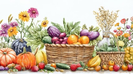 A vibrant arrangement of fresh fruits and flowers in baskets, showcasing the beauty of nature's harvest.
