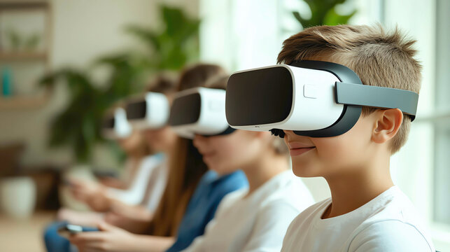 Diverse group of young students learning through virtual reality headsets, futuristic and immersive educational experience, Virtual reality in education, Immersive learning