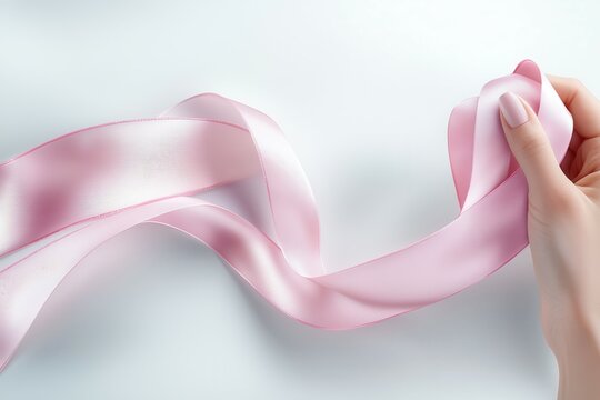 Close-up of a hand holding soft pink ribbon against a light background.