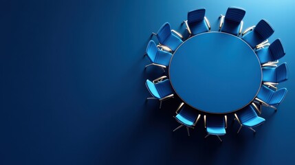 A modern blue conference room featuring a round table surrounded by sleek blue chairs, perfect for meetings and collaboration.