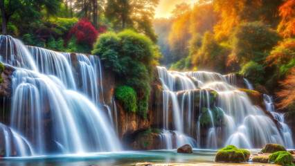 Obraz premium A cascading waterfall flows through a lush, green forest. The sun's rays illuminate the water, creating a mesmerizing display of light and shadow.