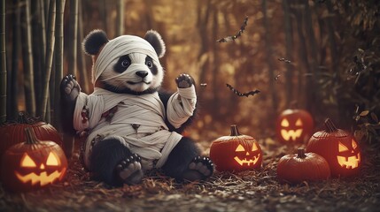 A cute panda dressed as a mummy surrounded by glowing Halloween pumpkins in a bamboo forest setting.