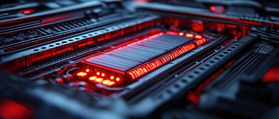 Conceptual image of a lithium battery cell within an electric car, surrounded by advanced fireproof materials, highlighted in red, with cooling mechanisms shown in a cutaway view