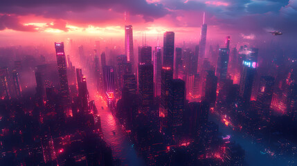 Obraz premium A futuristic cityscape blending 2D and 3D elements, with sleek, towering skyscrapers emerging from a grid-like pattern of glowing lines and geometric shapes.